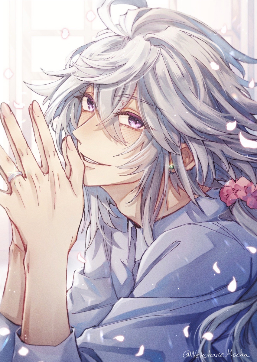 1boy, ahoge, alternate_costume, artist_name, blush, collared_shirt, earrings, falling_petals