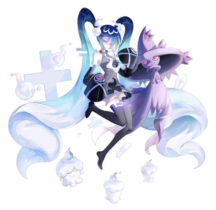 1girl, absurdly_long_hair, black_skirt, black_sleeves, black_thighhighs, blue_hair, detached_sleeves, fire_hair_ornament, full_body, ghost, ghost_miku_(project_voltage), glitch, gradient_hair, grey_shirt, hatsune_miku, highres, ikashokudou, litwick, long_hair, mismagius, multicolored_hair, necktie, official_alternate_costume, pale_skin, pokemon, pokemon_(creature), print_sleeves, project_voltage, shirt, simple_background, skirt, sleeveless, sleeveless_shirt, sleeves_past_fingers, sleeves_past_wrists, thigh-highs, twintails, very_long_hair, vocaloid, white_background, white_hair, white_necktie, yellow_eyes