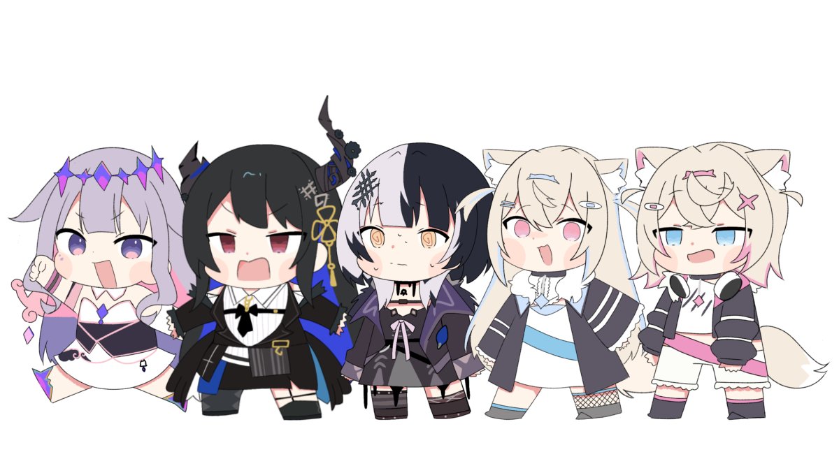 5girls, animal_ears, black_dress, black_hair, blue_eyes, blush, chibi, dog_ears, dog_tail, dress, fuwawa_abyssgard, giao2_ng, holoadvent, hololive, hololive_english, horns, koseki_bijou, long_hair, mococo_abyssgard, multicolored_hair, multiple_girls, nerissa_ravencroft, open_mouth, purple_hair, red_eyes, shiori_novella, shirt, shorts, simple_background, split-color_hair, standing, streaked_hair, sweat, tail, two_side_up, very_long_hair, violet_eyes, virtual_youtuber, white_background, white_dress, white_shirt, white_shorts, wolf_cut