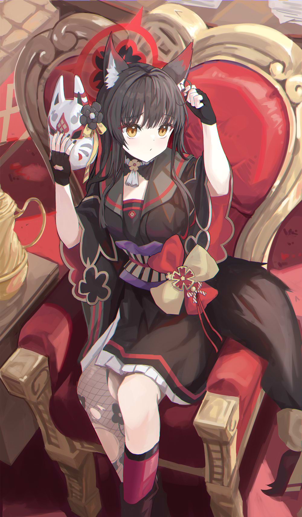 1girl, animal_ear_fluff, animal_ears, black_gloves, black_hair, black_kimono, blue_archive, chair