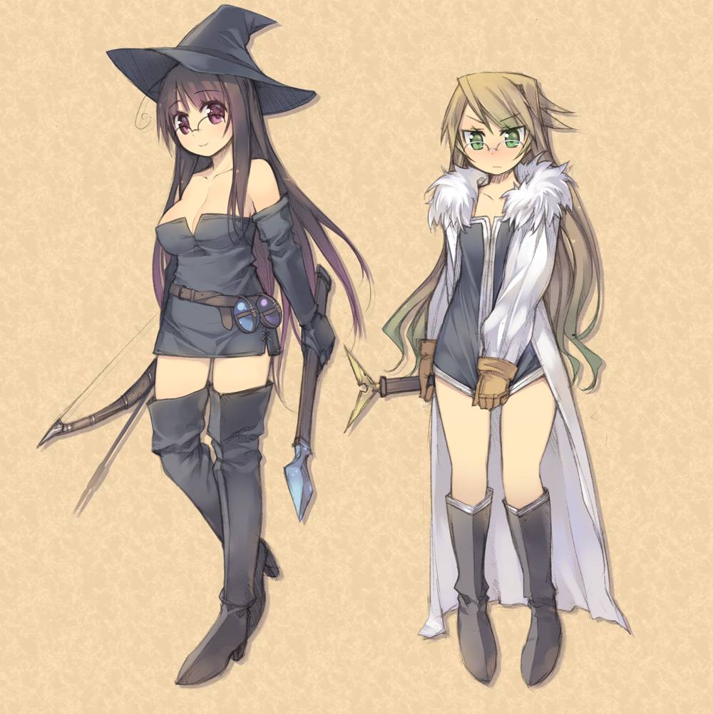 arima_senka, arima_senne, arrow, blush, boots, bow_(weapon), breasts, cape