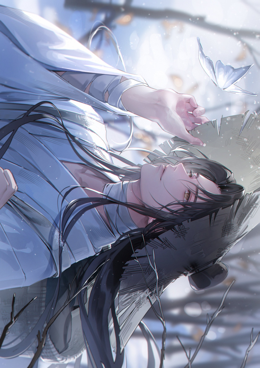 1boy, absurdres, adjusting_clothes, adjusting_headwear, bandaged_neck, bandages, black_hair, bug, butterfly, chinese_clothes, hat, highres, long_hair, long_sleeves, looking_to_the_side, male_focus, robe, sun_hat, tianguan_cifu, very_long_hair, white_butterfly, white_hanfu, white_robe, wide_sleeves, xie_lian, yellow_eyes, young57440489