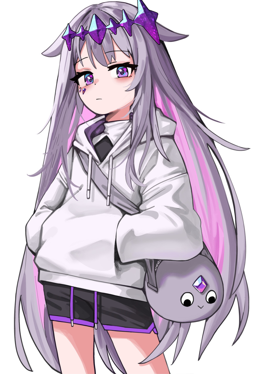 1girl, :>, absurdres, black_shorts, closed_mouth, cowboy_shot, crown, gem, hair_flaps, highres, hololive, hololive_english, hood, hood_down, hoodie, jadea5124, koseki_bijou, long_hair, long_sleeves, looking_at_viewer, pebble_(koseki_bijou), purple_gemstone, purple_hair, shorts, sidelocks, simple_background, solo, very_long_hair, violet_eyes, virtual_youtuber, white_background, white_hoodie