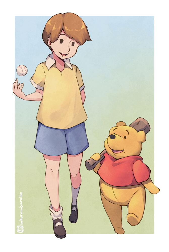 1boy, :d, animal, baseball_(object), baseball_bat, black_footwear, blue_shorts, brown_hair