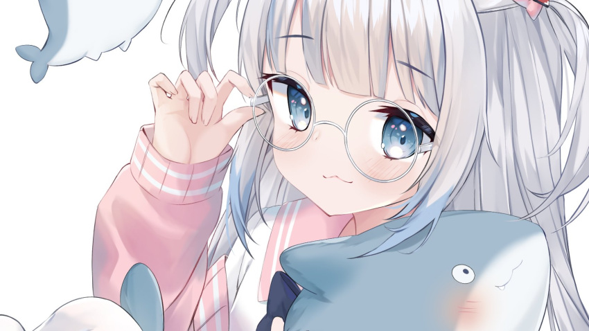 1girl, bloop_(gawr_gura), blue_eyes, blue_hair, blush, fins, fish_tail, gawr_gura