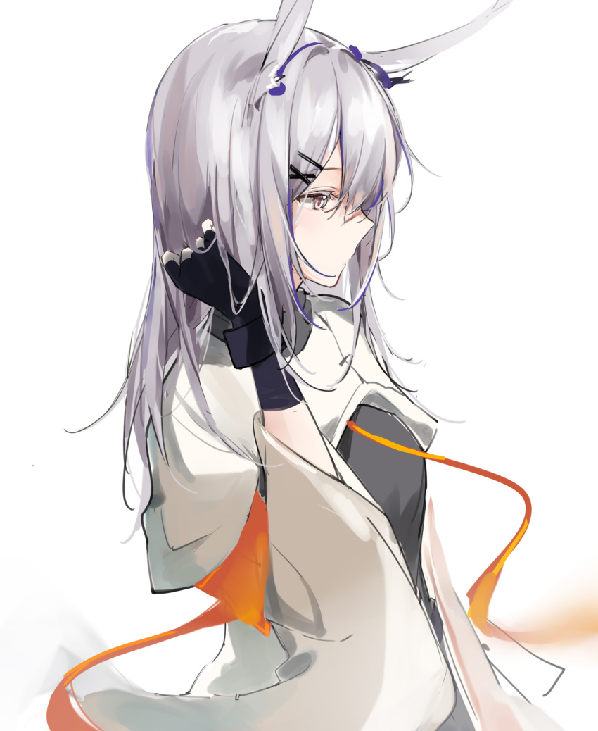 1girl, animal_ears, arknights, black_gloves, black_shirt, coat, fingerless_gloves, from_side