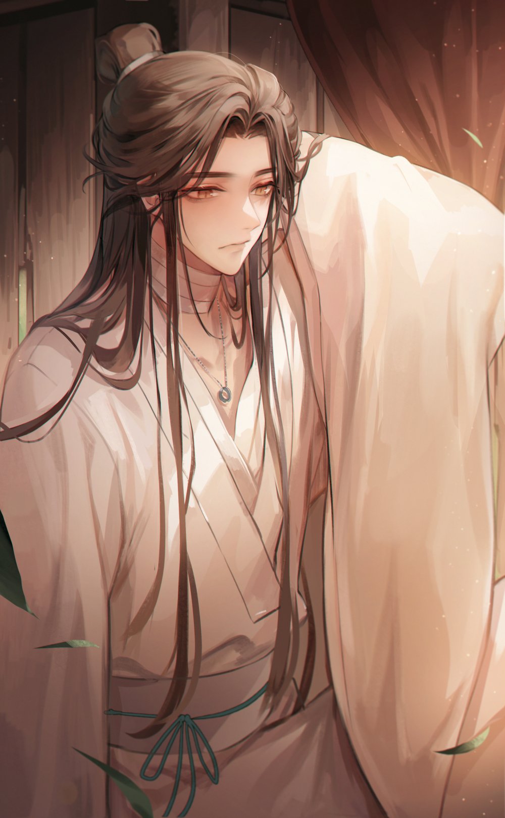 1boy, bandaged_neck, bandages, brown_hair, chinese_clothes, hair_bun, highres, jewelry