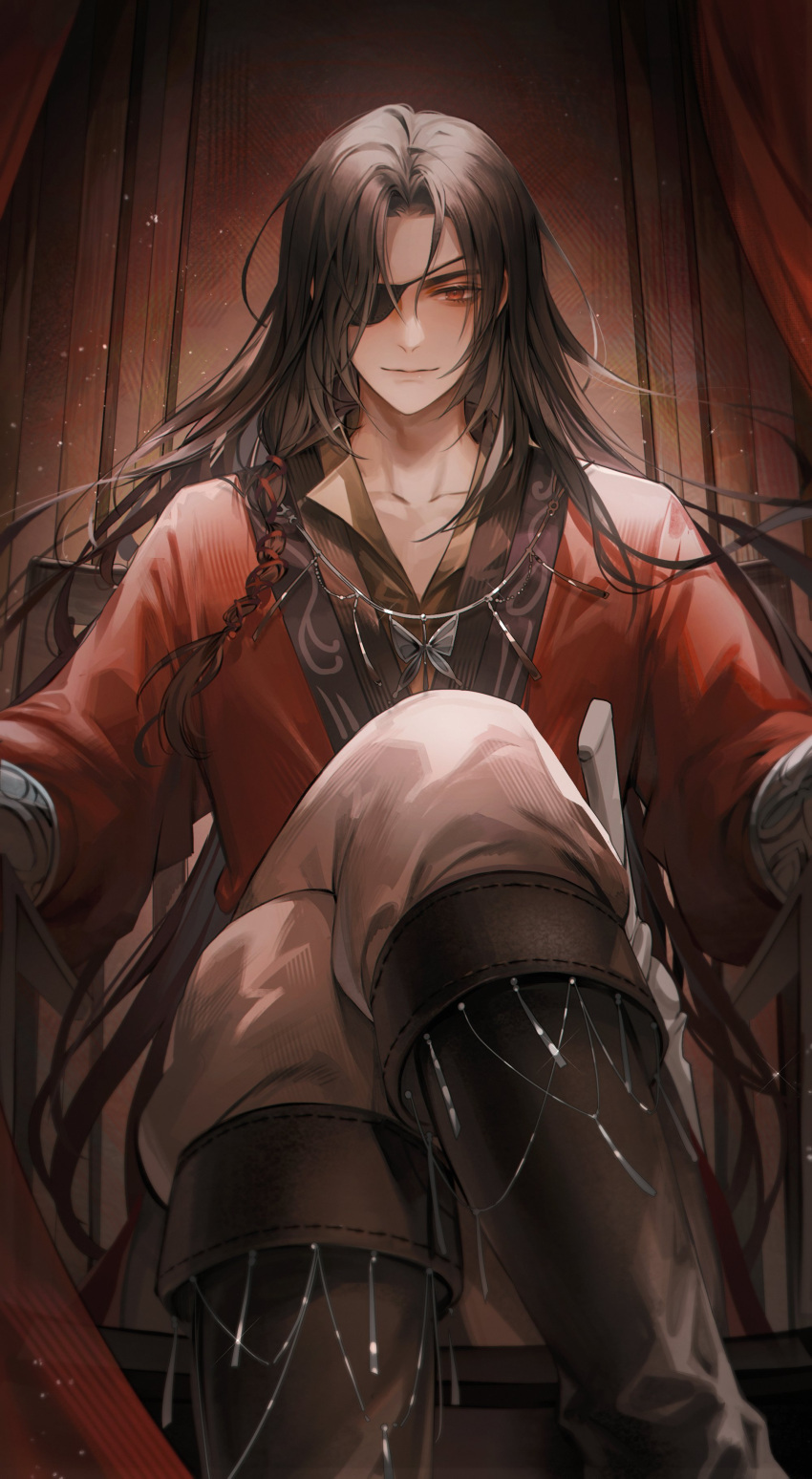 1boy, absurdres, bishounen, black_hair, butterfly_necklace, chinese_clothes, eyepatch, highres