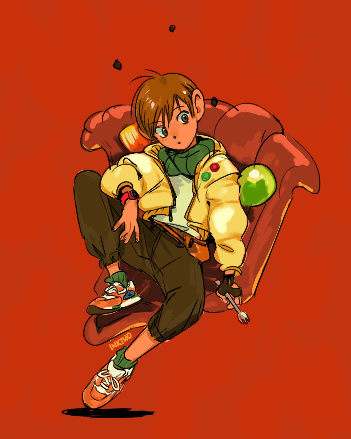 1boy, belt_pouch, brown_eyes, brown_hair, brown_pants, chilchuck_tims, dungeon_meshi, fingerless_gloves, fork, gem, gloves, green_socks, halfling, highres, holding, holding_fork, jacket, katy_ho, neck_warmer, pants, pouch, red_background, shirt, shoes, single_fingerless_glove, sitting, sneakers, socks, watch, watch, white_shirt, yellow_jacket