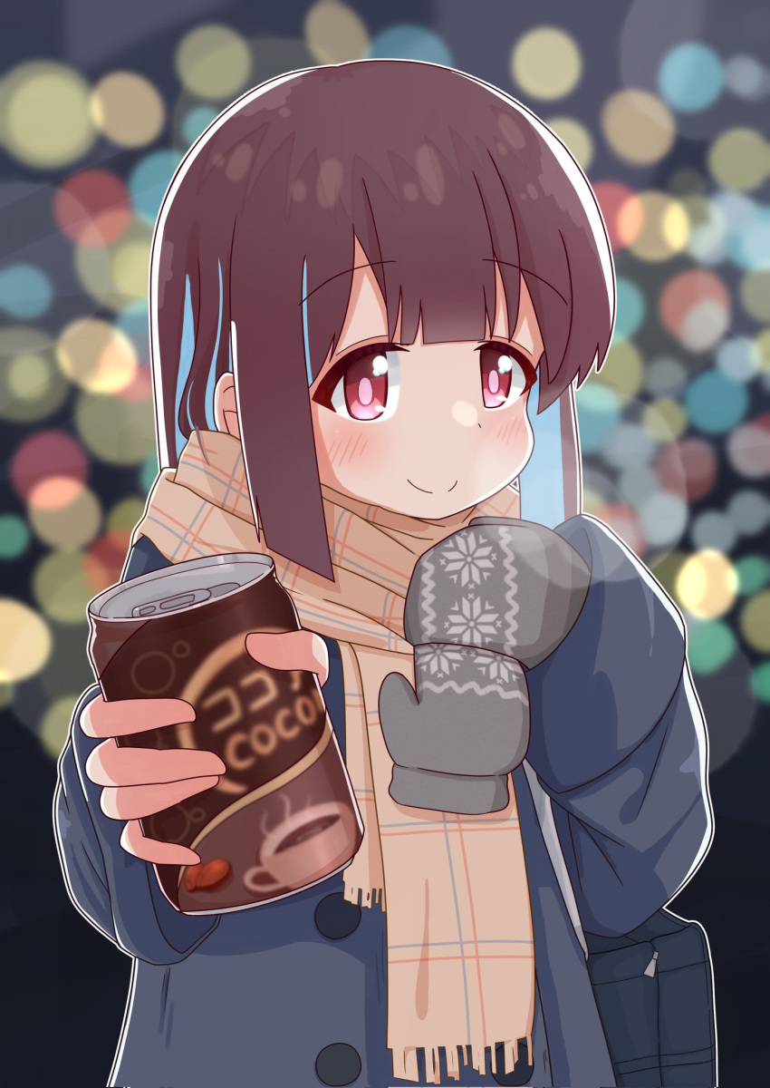 1girl, altair_altea, bag, black_coat, blue_hair, blunt_bangs, blunt_ends, blurry