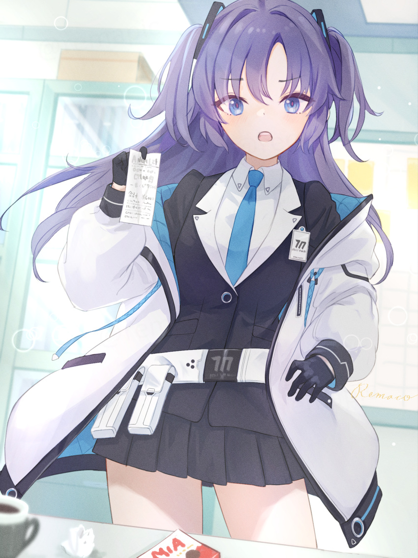 1girl, belt, black_gloves, black_skirt, blazer, blue_archive, blue_eyes, blue_necktie