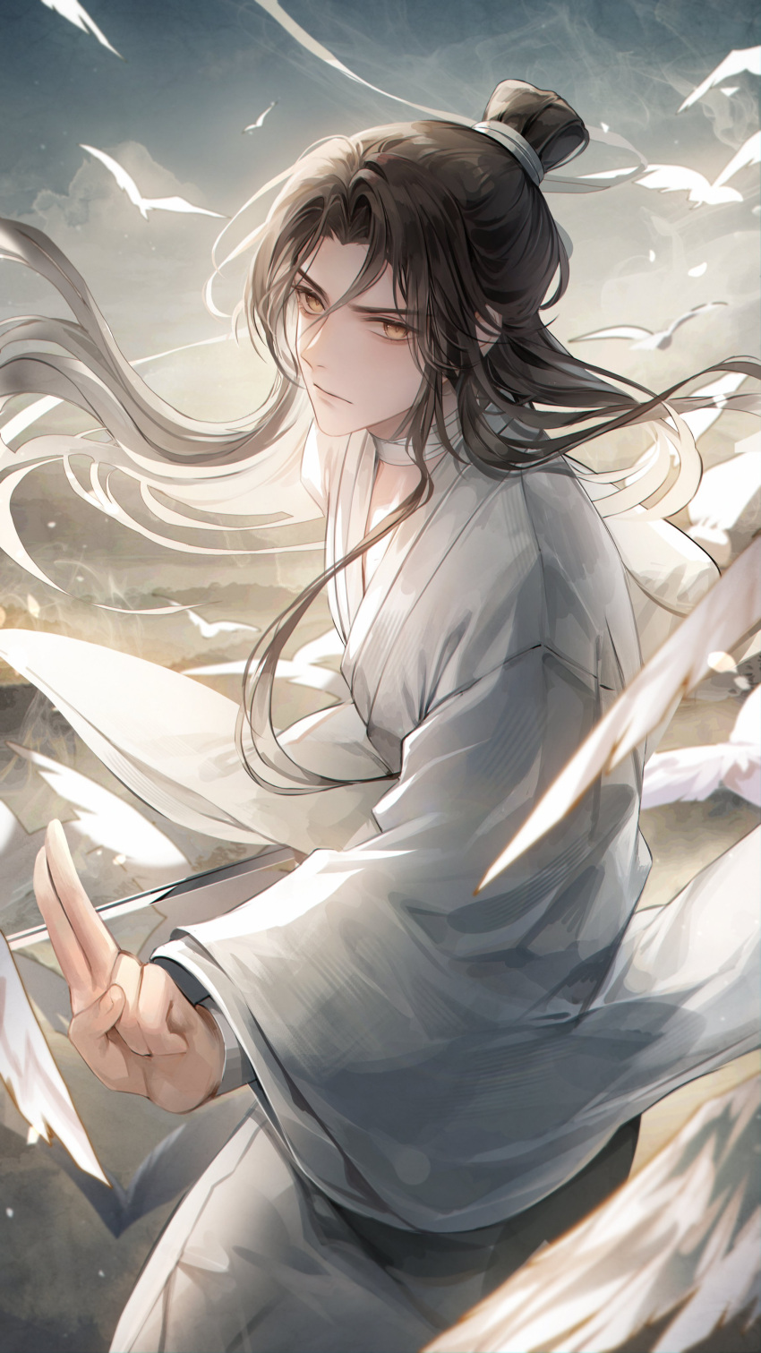 1boy, absurdres, bandaged_neck, bandages, brown_hair, chinese_clothes, hair_bun, highres