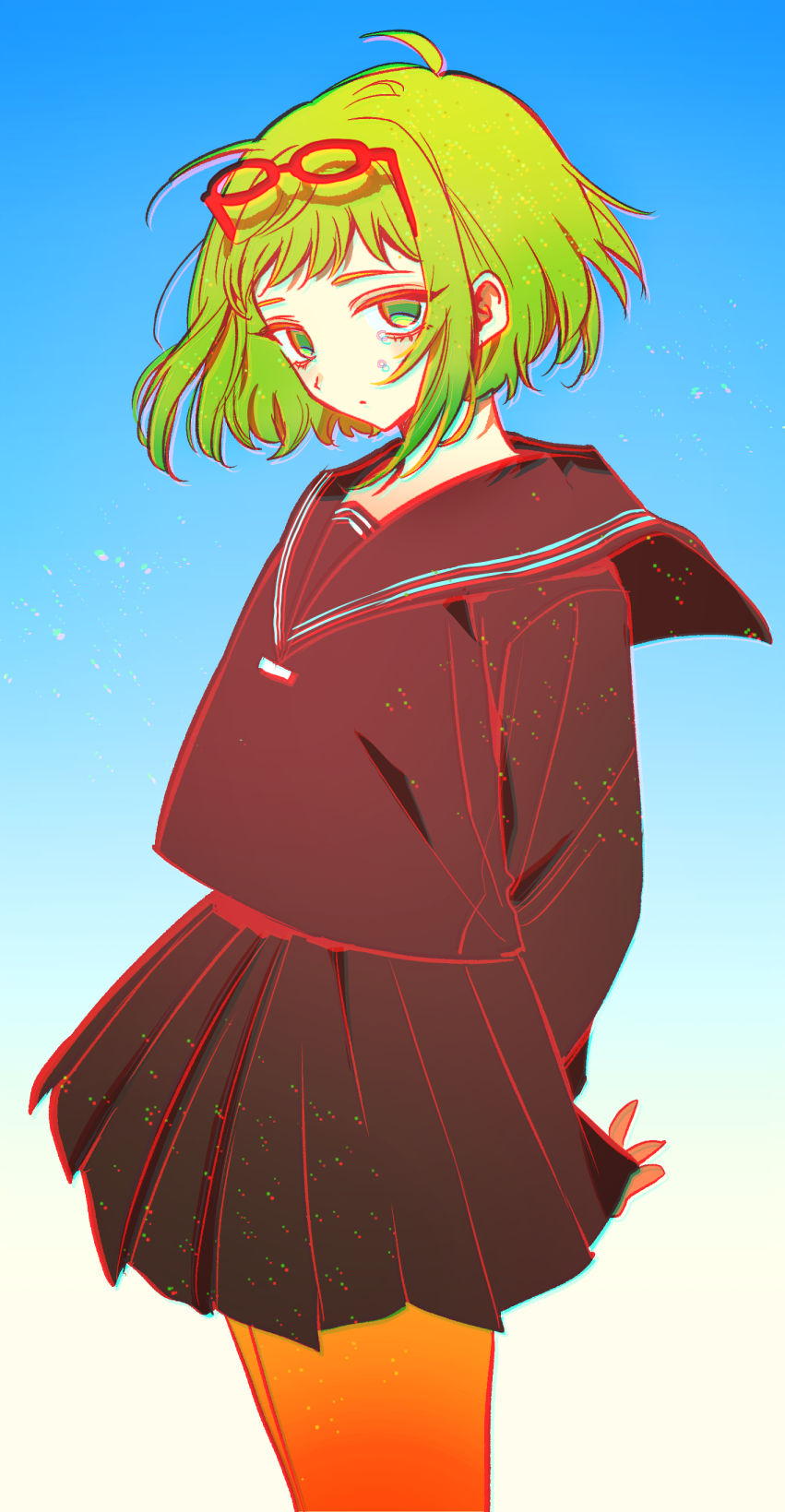 1girl, akiyama_enma, arms_behind_back, black_sailor_collar, black_serafuku, black_shirt, black_skirt, blue_background