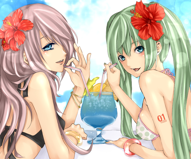 aqua_eyes, bad_id, bikini, blue_eyes, bracelet, drink, flower, green_hair