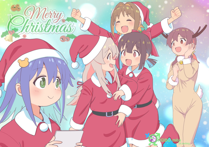 5girls, :d, animal_costume, aqua_hair, artist_name, bell, belt, blue_hair