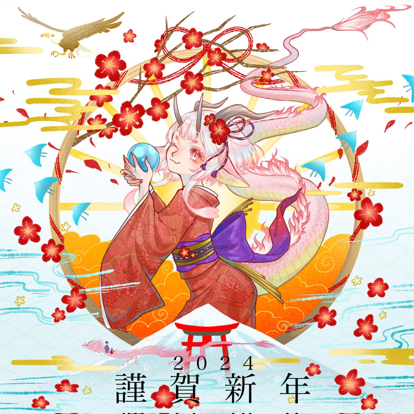 1girl, 2024, 2boys, animal, animal_ear_fluff, animal_ears, back_bow, bald_eagle, bird, blue_background, bow, brown_horns, chinese_zodiac, claws, closed_mouth, colored_eyelashes, cowboy_shot, dated, dragon, dragon_girl, dragon_horns, dragon_riding, dragon_tail, eagle, egasumi, fang, flower, fur-tipped_tail, gradient_background, hair_flower, hair_ornament, hair_ribbon, hands_up, highres, horns, japanese_clothes, kimono, long_sleeves, long_tail, looking_at_viewer, mount_fuji, multicolored_background, multiple_boys, obi, obiage, obijime, one_eye_closed, orange_clouds, original, pink_eyes, pink_hair, pink_scales, purple_bow, purple_ribbon, red_flower, red_kimono, ribbon, rope, sabuneko2645, sash, scales, shimenawa, short_eyebrows, short_hair_with_long_locks, sidelocks, skin_fang, slit_pupils, smile, solo_focus, standing, sun, sunburst, tail, torii, white_background, whorled_clouds, wide_sleeves, wood_horns, year_of_the_dragon