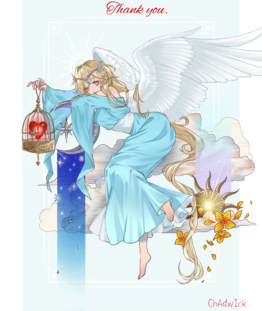 1girl, absurdly_long_hair, angel, angel_wings, bare_shoulders, barefoot, birdcage, blonde_hair