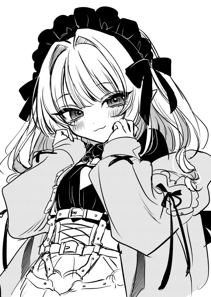 1girl, :3, akiyama_enma, blush, coat, commentary_request, dress, greyscale, hands_on_own_cheeks, hands_on_own_face, harness_belt, long_sleeves, looking_at_viewer, maid_headdress, makaino_ririmu, makaino_ririmu_(5th_costume), monochrome, nijisanji, short_hair, smile, solo, upper_body, virtual_youtuber