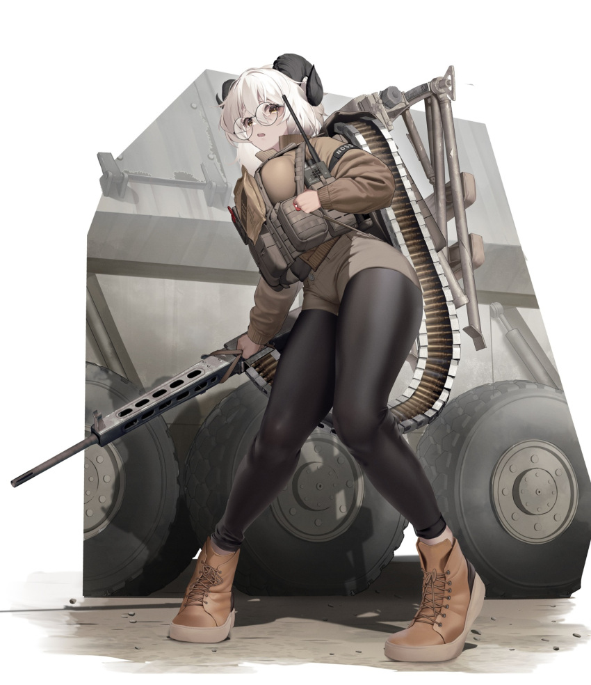1girl, armor, bad_link, black_horns, breastplate, breasts, curled_horns, full_body, glasses, goat_horns, gun, highres, holding, holding_gun, holding_weapon, horns, jacket, large_breasts, long_sleeves, looking_at_viewer, machine_gun, magazine_(weapon), nine_(kanine41), open_mouth, original, pantyhose, round_eyewear, shirt, shoes, short_hair, shorts, simple_background, solo, weapon, white_background, white_hair, yellow_eyes