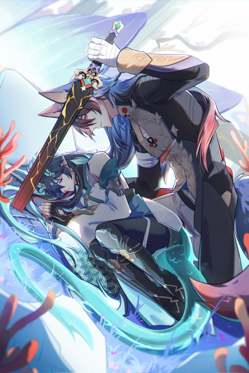 2boys, animal_ears, bandaged_hand, bandages, black_gloves, black_hair, black_sleeves, blade_(honkai:_star_rail)