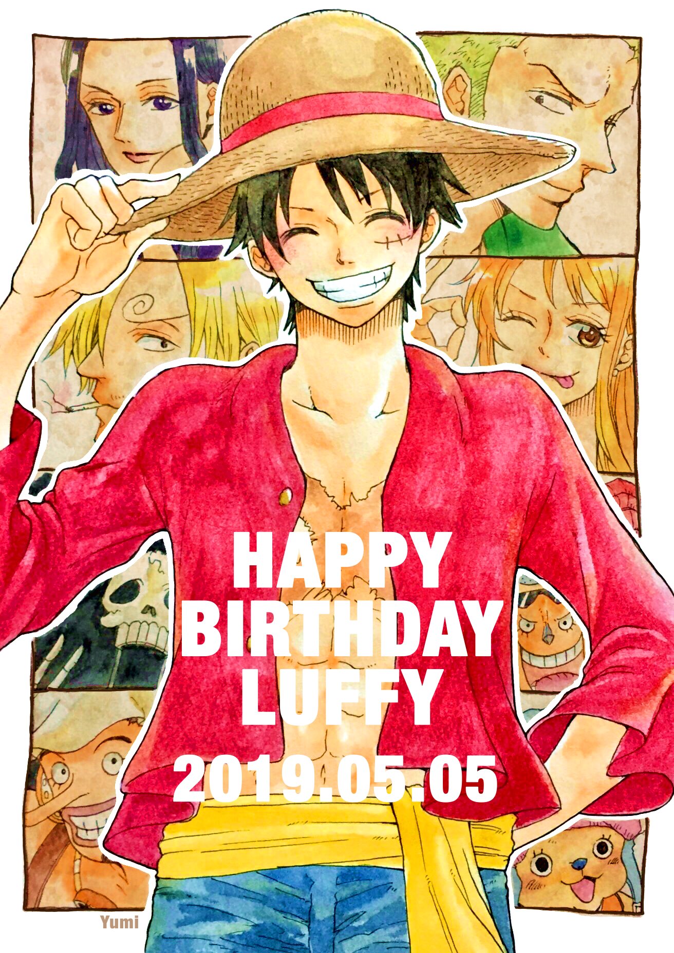 2girls, 6+boys, ^_^, afro, black_hair, blue_shorts, blush, brook_(one_piece)