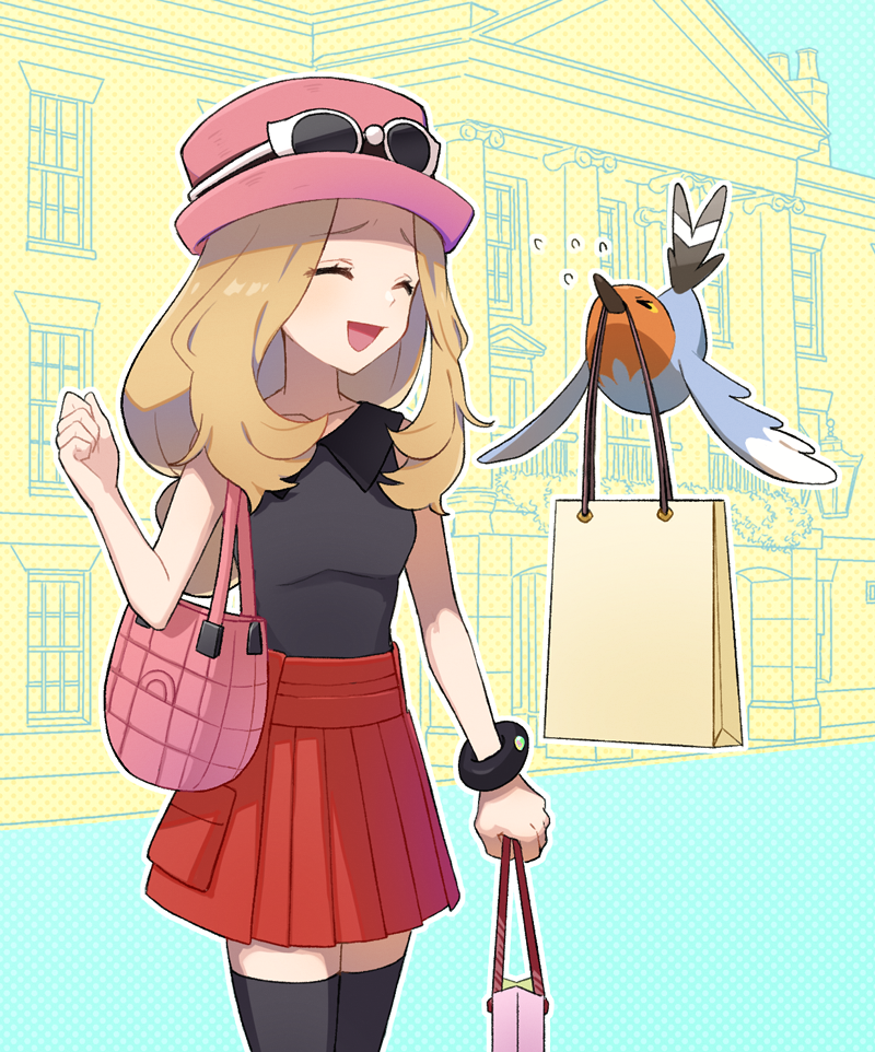1girl, :d, bag, bird, black_thighhighs, blonde_hair, bracelet, closed_eyes