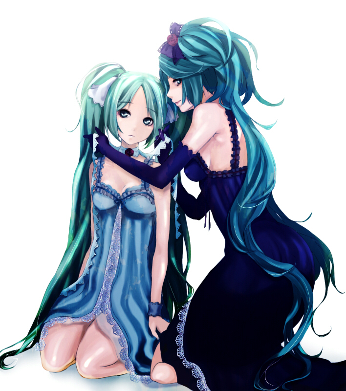 aqua_hair, bad_id, bow, breasts, choker, cleavage, dress, dual_persona
