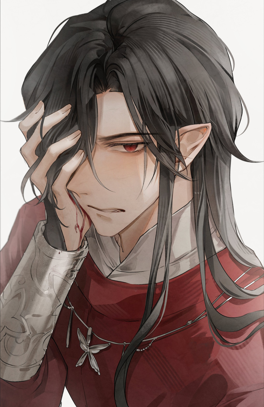 1boy, absurdres, bishounen, black_hair, blood, blood_on_hands, butterfly_necklace, chinese_clothes