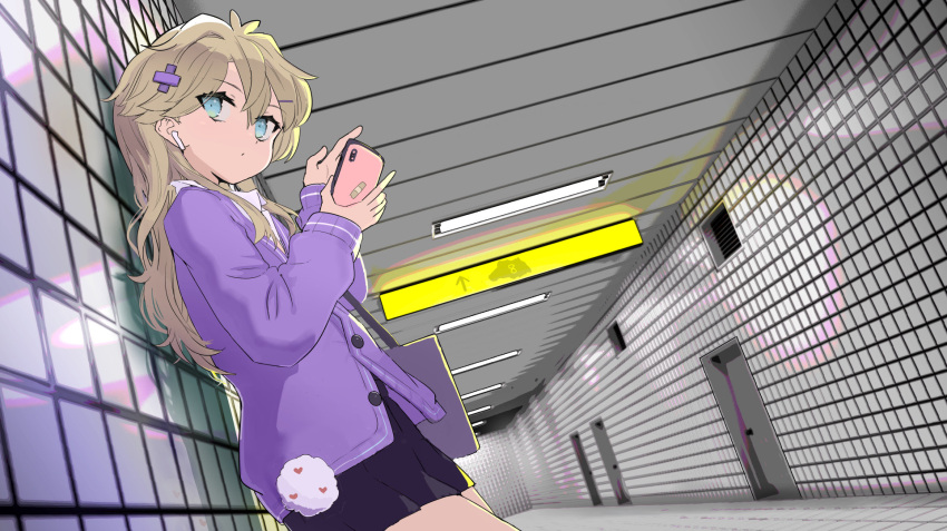 1girl, 3d_background, against_wall, airpods, antenna_hair, bag, black_skirt, blender_(medium)