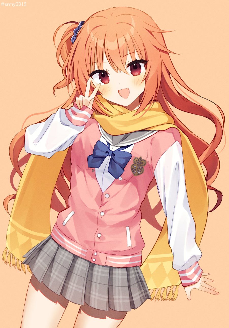 1girl, :d, aiyan, arm_at_side, blue_bow, blue_scrunchie, blush, bow