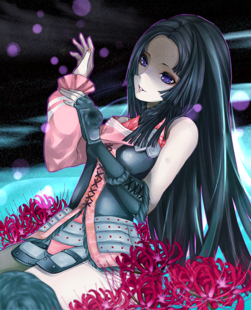 bad_id, black_hair, flower, gloves, long_hair, oichi, purple_eyes, roku_(hikokeng)