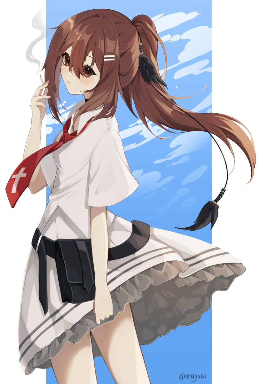 1girl, absurdres, arm_at_side, blush, brown_eyes, brown_hair, cigarette, closed_mouth