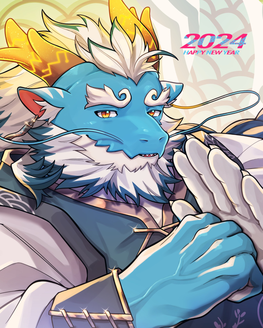 1boy, aqua_skin, beard, chinese_zodiac, doku_(hitori_ox), dragon_boy, dragon_horns, facial_hair