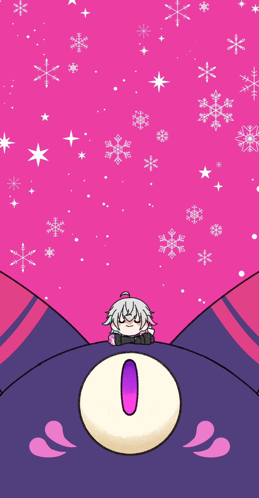 1boy, ahoge, blue_hair, closed_eyes, creature, gavis_bettel, grey_hair, hair_between_eyes, highres, holostars, holostars_english, leaning_on_animal, looking_at_another, multicolored_hair, nynna_n, one-eyed, phantom_(gavis_bettel), pink_background, pink_hair, smile, snowflakes, snowing, star_(symbol), violet_eyes, virtual_youtuber, winter