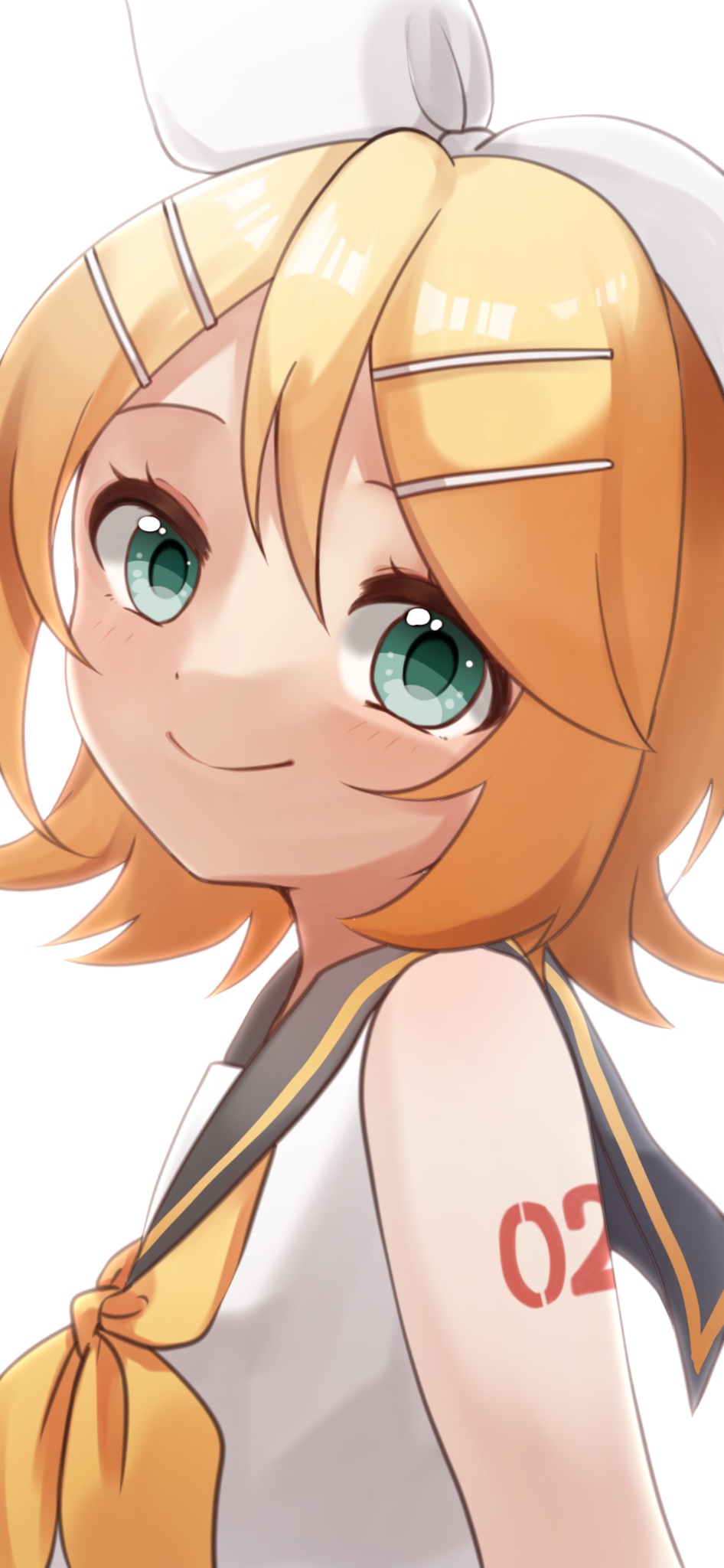 1girl, backlighting, bare_shoulders, black_sailor_collar, blonde_hair, bloom, bow, eshe_mr, flat_chest, green_eyes, hair_between_eyes, hair_bow, hair_ornament, hairclip, head_tilt, highres, kagamine_rin, looking_at_viewer, neckerchief, number_tattoo, sailor_collar, sailor_shirt, shirt, short_hair, shoulder_tattoo, skinny, sleeveless, sleeveless_shirt, smile, solo, swept_bangs, tattoo, vocaloid, white_bow, white_shirt, yellow_neckerchief