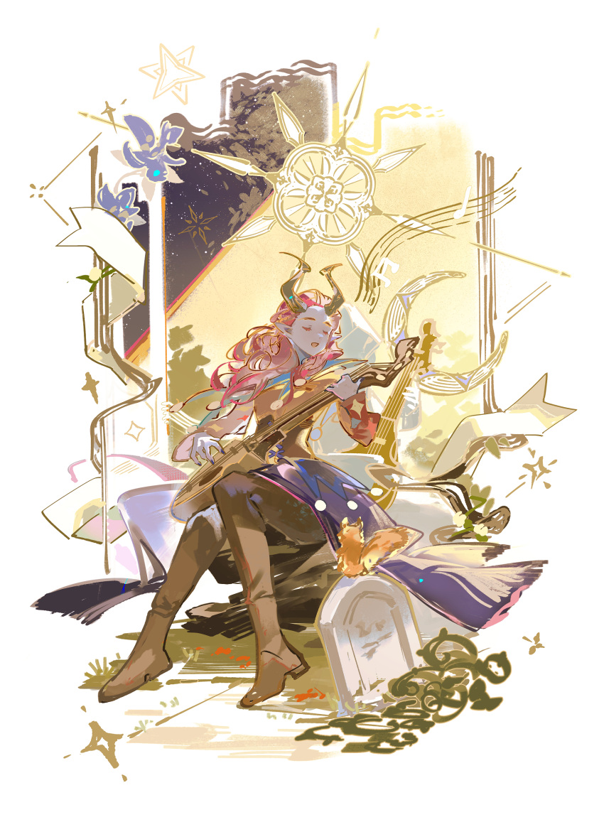 1girl, absurdres, alfira, baldur's_gate, baldur's_gate_3, bard, boots, brown_footwear, brown_jacket, chinese_commentary, closed_eyes, colored_skin, commentary, commentary_request, crescent, demon_horns, dungeons_and_dragons, facing_viewer, full_body, highres, holding, holding_instrument, horns, instrument, jacket, long_hair, long_sleeves, lute_(instrument), mixed-language_commentary, music, open_mouth, outdoors, pink_hair, playing_instrument, pointy_ears, purple_nails, purple_skin, rock, satonishi, singing, sitting, sitting_on_rock, smile, solo, sparkle, squirrel, star_(symbol), thigh_boots, tiefling, tombstone, wavy_hair, white_background