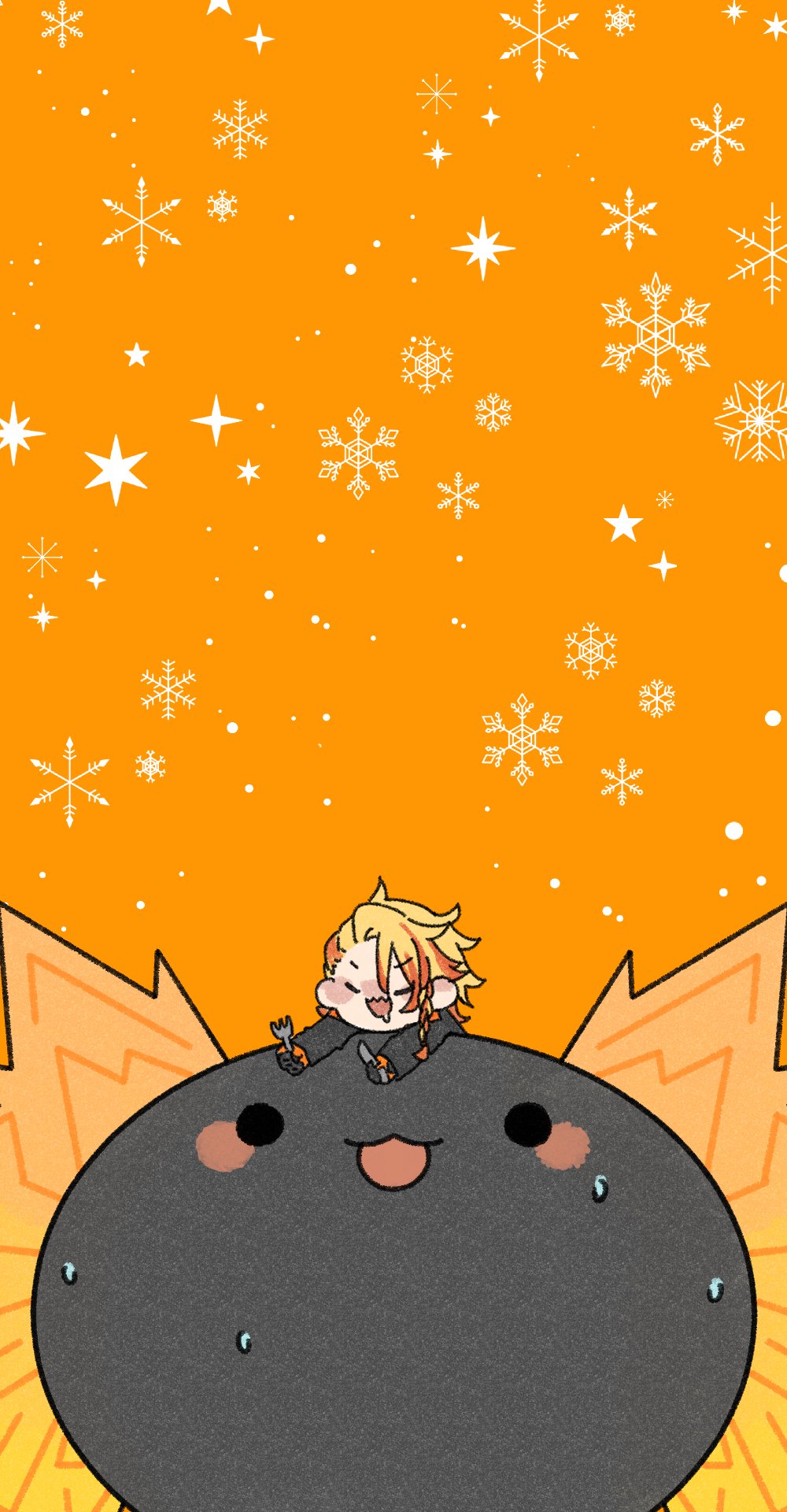 1boy, axel_syrios, axelotl_(axel_syrios), axolotl, black_gloves, blonde_hair, braid, closed_eyes, drooling, fork, gloves, hair_between_eyes, highres, holding, holding_fork, holding_knife, holostars, holostars_english, knife, leaning_on_animal, long_sleeves, looking_at_another, male_focus, multicolored_hair, nervous_sweating, nynna_n, open_mouth, orange_background, orange_hair, side_braid, snowflakes, snowing, star_(symbol), sweat, virtual_youtuber, winter