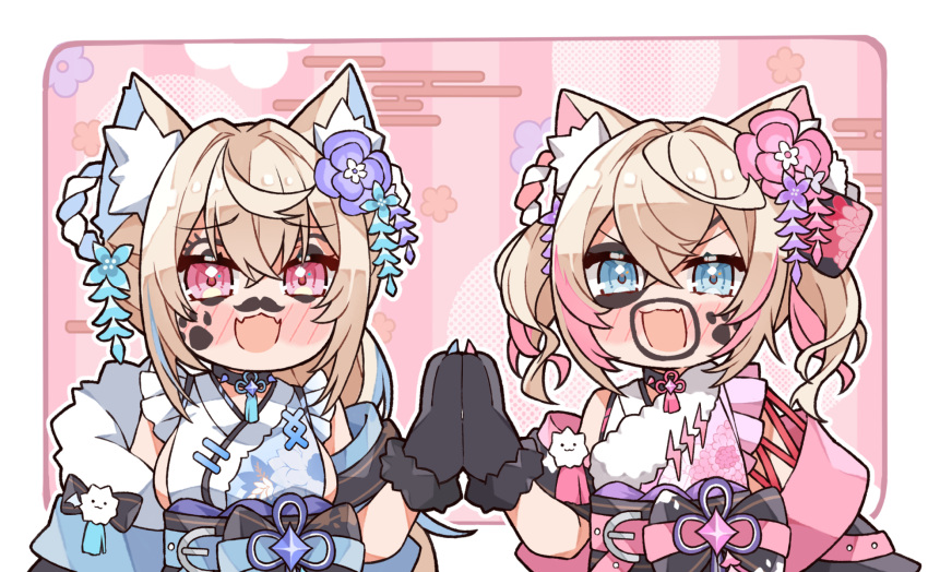 2girls, animal_ear_fluff, animal_ears, animal_hands, belt, black_sash, blonde_hair, blue_belt