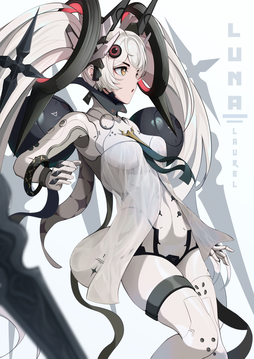 1girl, absurdres, bodysuit, bracelet, breasts, character_name, cross-shaped_pupils, dress, earrings, floating, floating_hair_ornament, floating_object, floating_weapon, grey_bodysuit, grey_dress, grey_hair, headgear, highres, jewelry, lavriell, long_hair, luna:_laurel_(punishing:_gray_raven), luna_(punishing:_gray_raven), mechanical_legs, mechanical_parts, medium_breasts, orange_eyes, orb, punishing:_gray_raven, see-through, see-through_dress, short_dress, sidelocks, solo, symbol-shaped_pupils, thighlet, triangle_earrings, twintails, very_long_hair