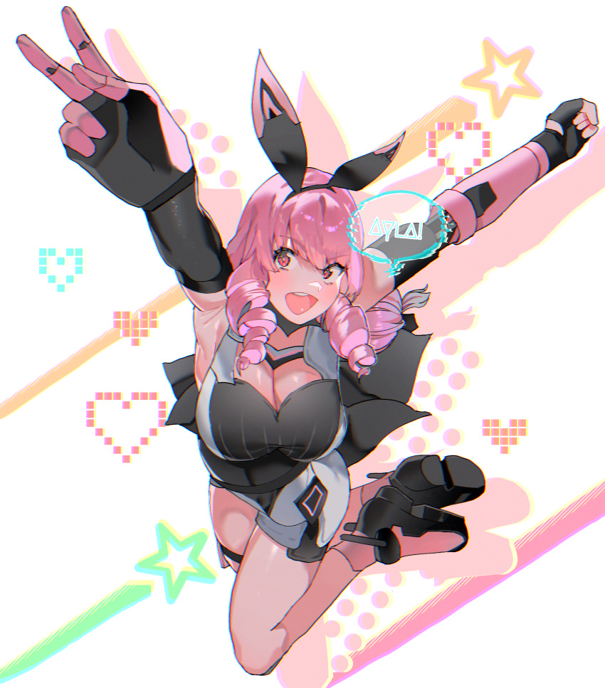 1girl, ayla:_kaleido_(punishing:_gray_raven), black_footwear, black_shirt, breasts, character_name, cleavage_cutout, clothing_cutout