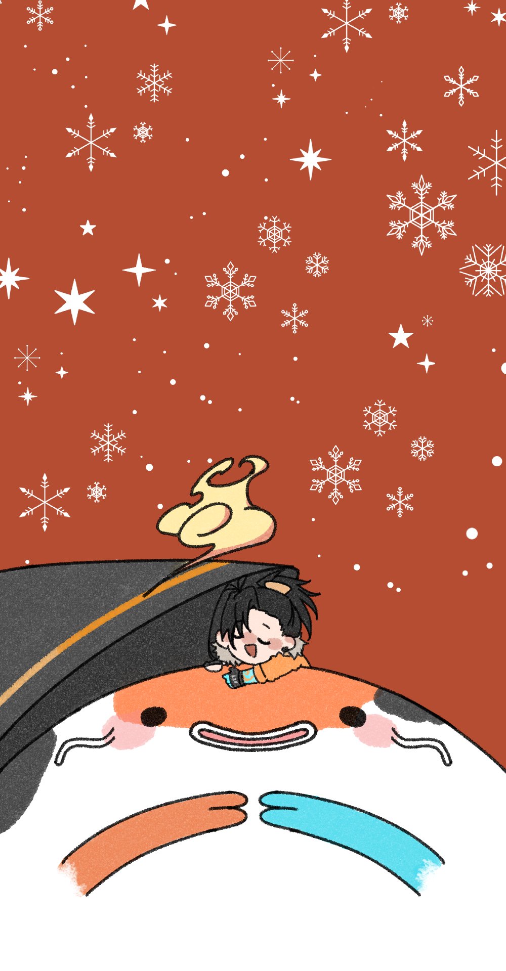 1boy, alternate_size, black_hair, blue_skin, closed_eyes, colored_skin, earrings, fish