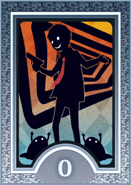 adachi_tohru, card_(medium), gun, maya_(shadow), md5_mismatch, motz3, necktie, parody, persona, persona_4, silhouette, smirk, tarot, weapon