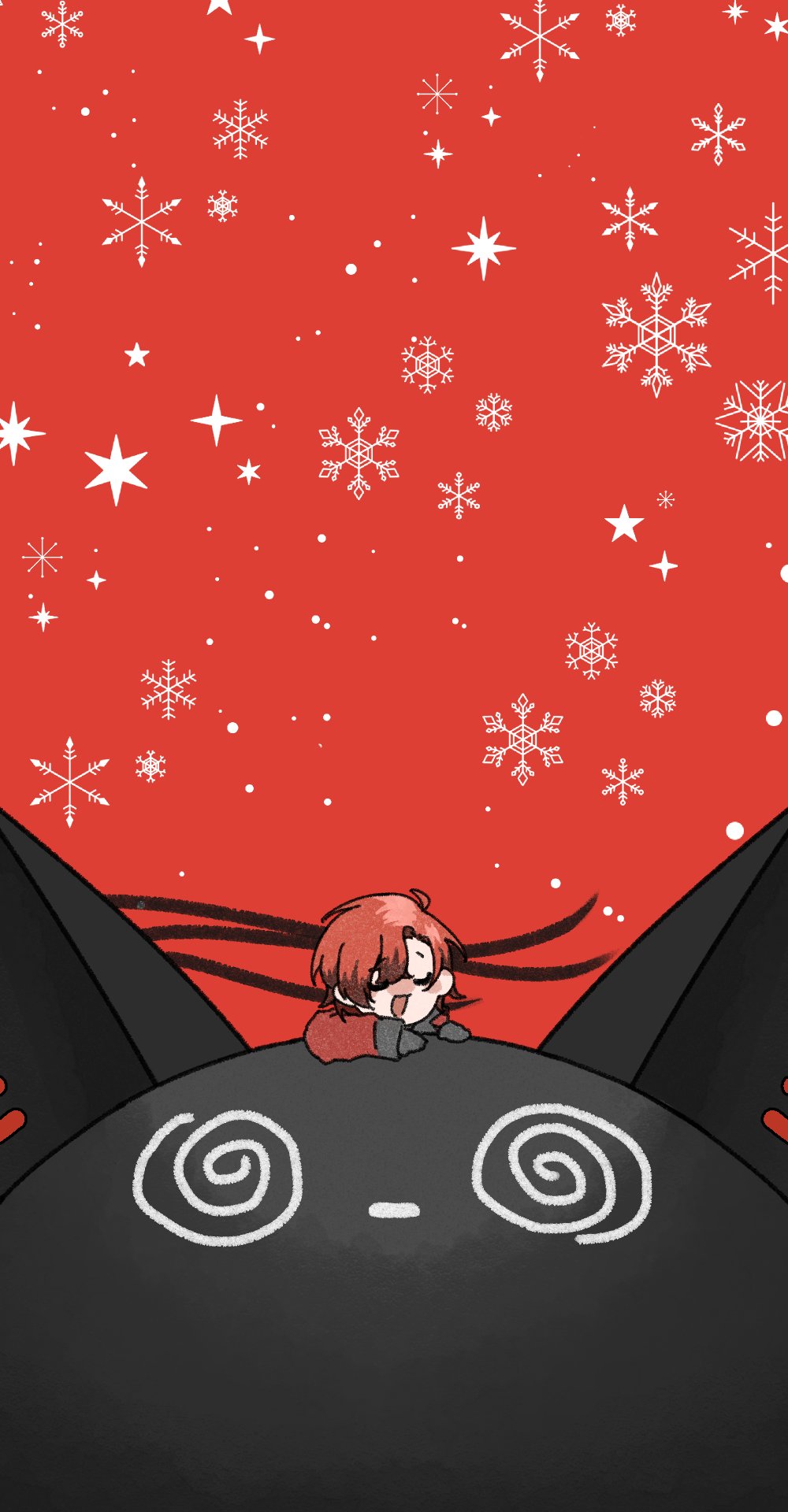 1boy, @_@, alternate_size, black_gloves, closed_eyes, creature, gloves, hair_between_eyes