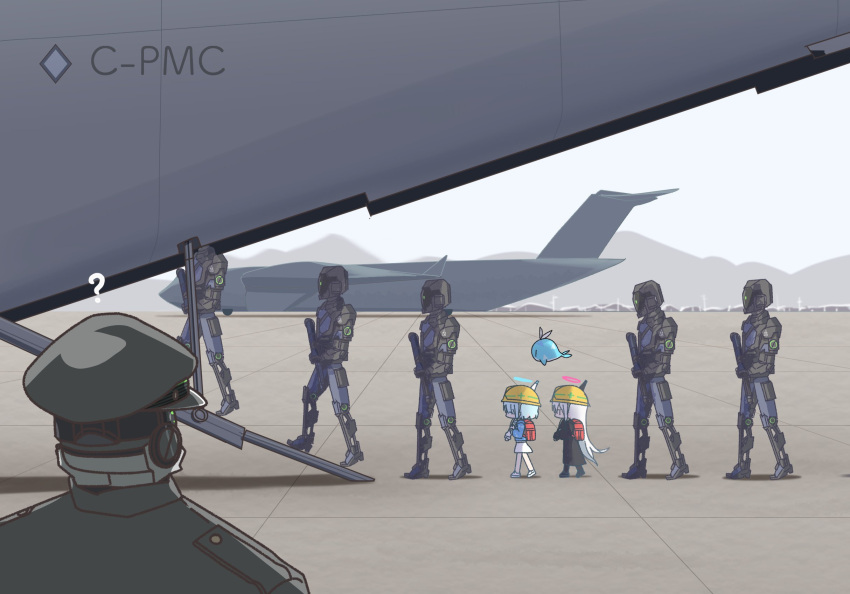 2girls, 6+boys, arona_(blue_archive), backpack, bag, black_coat, black_footwear, blue_archive, blue_hair, blue_halo, blue_shirt, coat, grey_hair, gun, halo, hard_hat, helmet, highres, kaiser_pmc_general_(blue_archive), kaiser_pmc_robot_mercenary_(blue_archive), light_blue_hair, long_hair, multiple_boys, multiple_girls, outdoors, plana_(blue_archive), randoseru, red_bag, red_halo, shirt, short_hair, skirt, very_long_hair, weapon, white_footwear, white_skirt, yellow_headwear, yukko_(hcryh955)