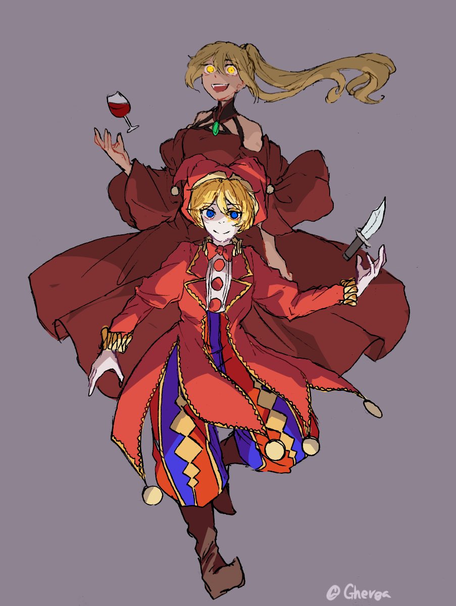 1boy, 1girl, akita_neru, argyle, argyle_pants, banica_conchita, banica_conchita_(cosplay), bare_shoulders