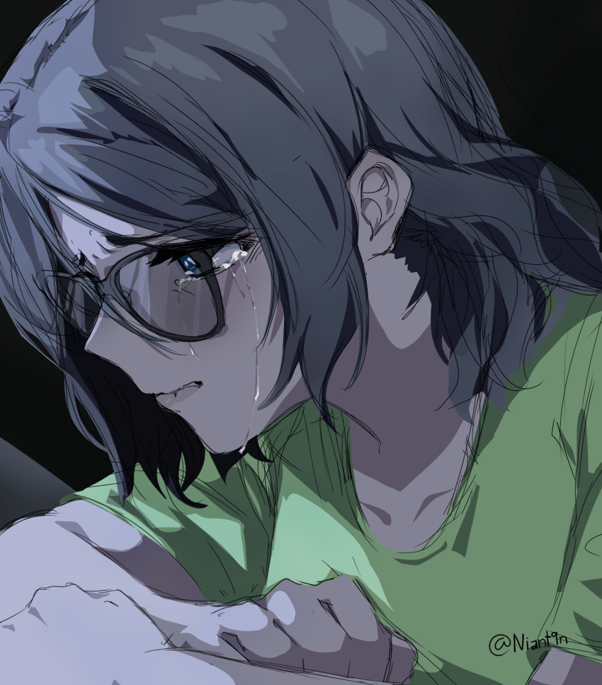 1girl, angst, black_background, blue_eyes, crossed_arms, crying, crying_with_eyes_open, from_side