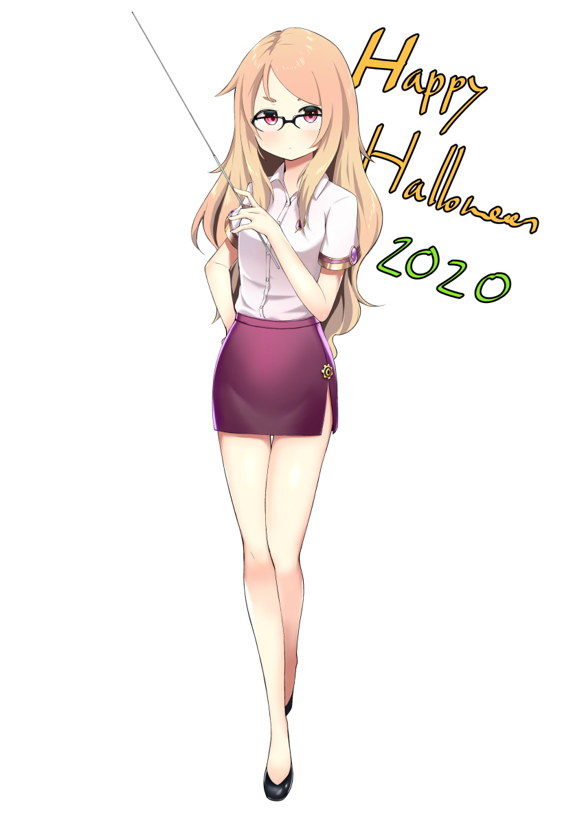 1girl, absurdres, black_footwear, blonde_hair, blush, full_body, glasses, grand_summoners