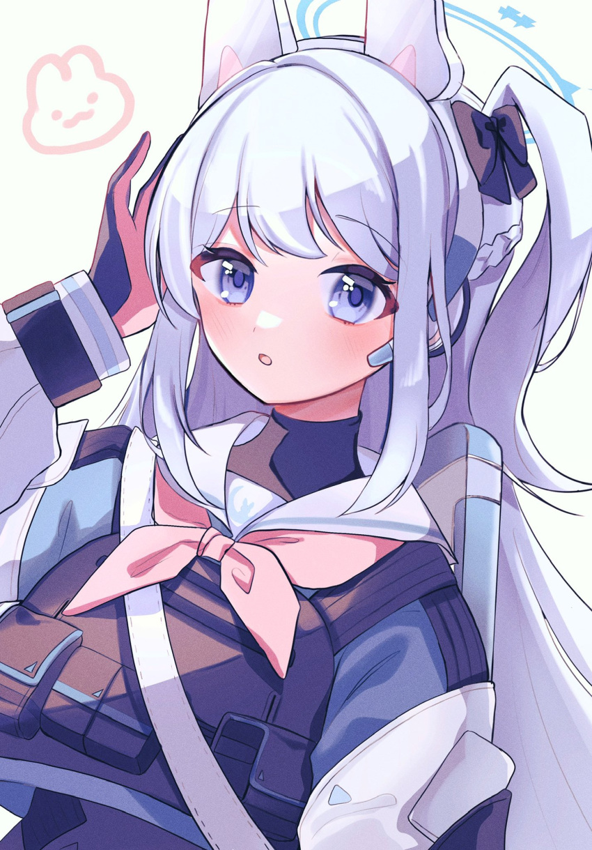 1girl, animal_ears, black_gloves, blue_archive, blue_halo, blue_serafuku, blush, braid