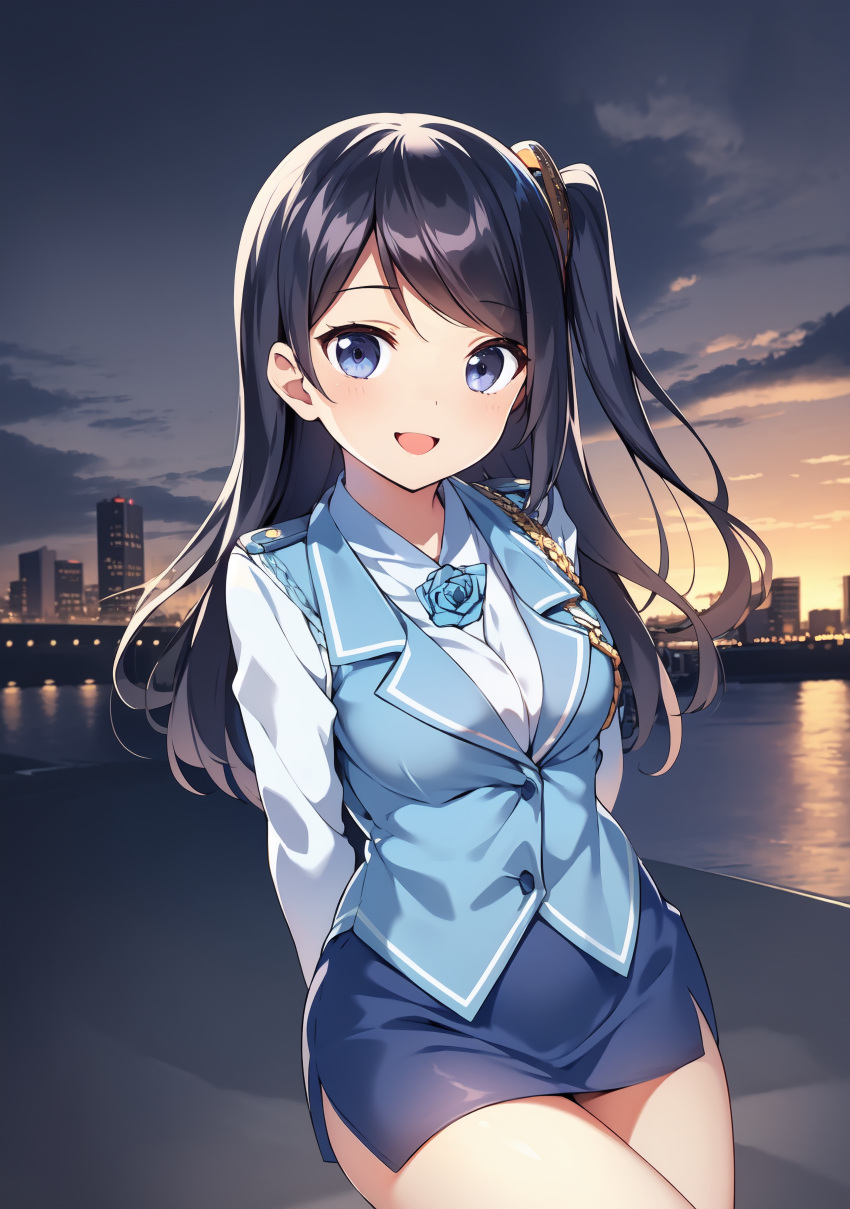 1girl, absurdres, ai-generated, armband, black_hair, blue_skirt, blue_vest, collared_shirt