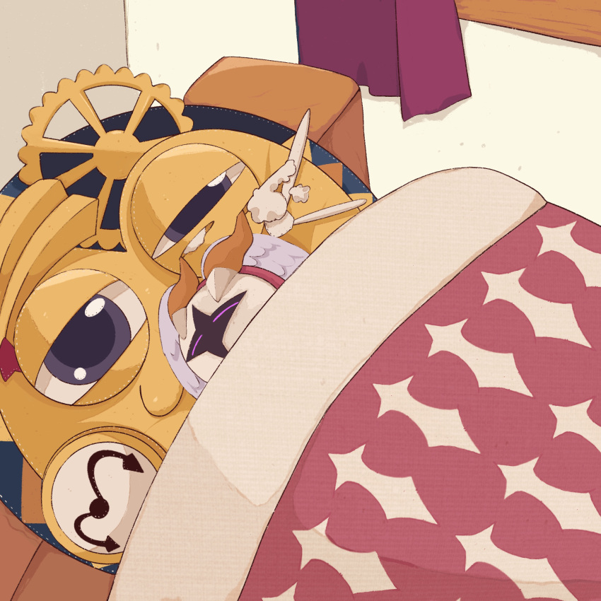 93mai, bed, clock, closed_eyes, galacta_knight, galactic_nova, highres, horns, indoors, kirby_(series), kirby_super_star_ultra, mask, no_humans, sleeping, under_covers, violet_eyes, wings